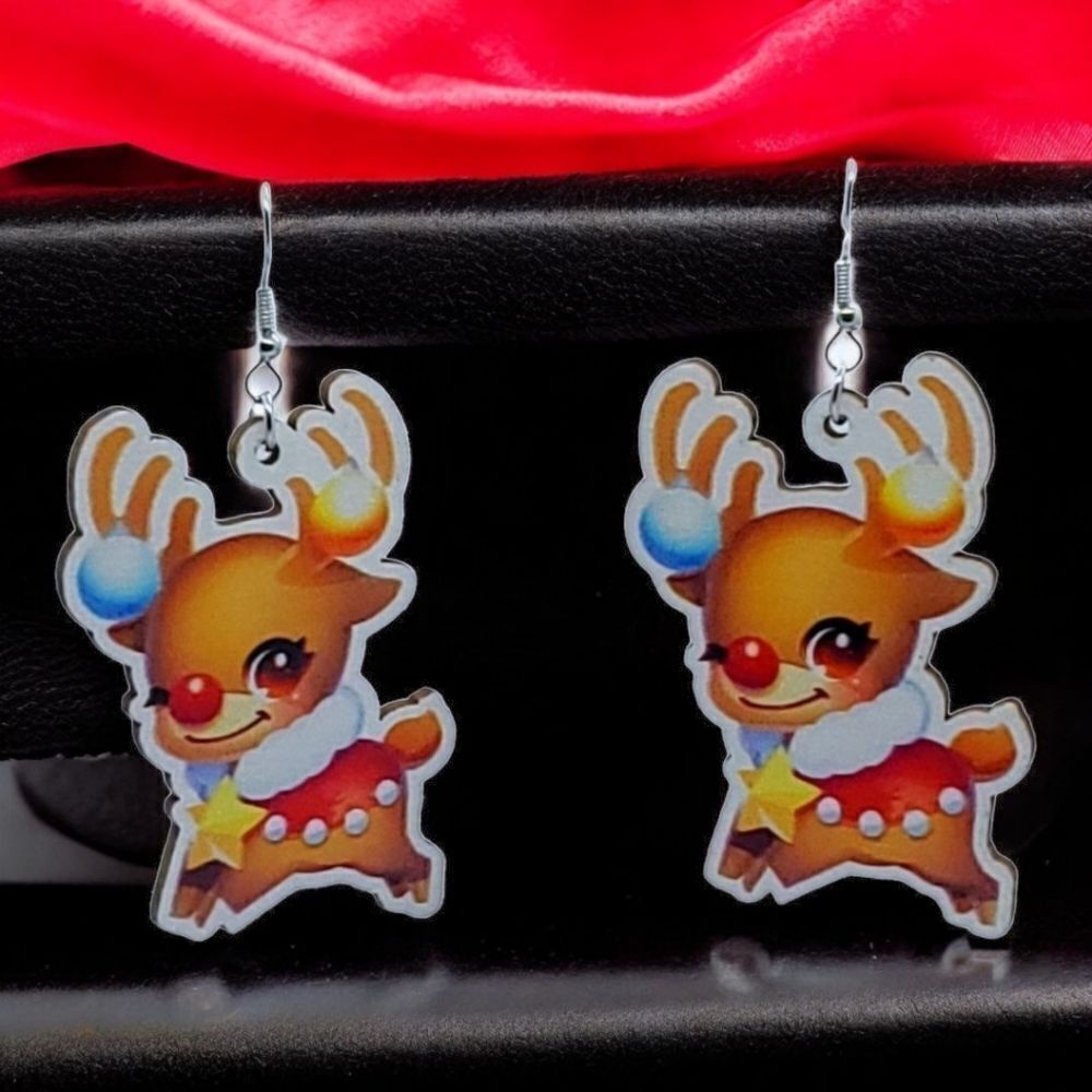 Holiday Earrings 🎄Reindeer Festive Christmas Wooden Dangle Drop Jewelry Deer